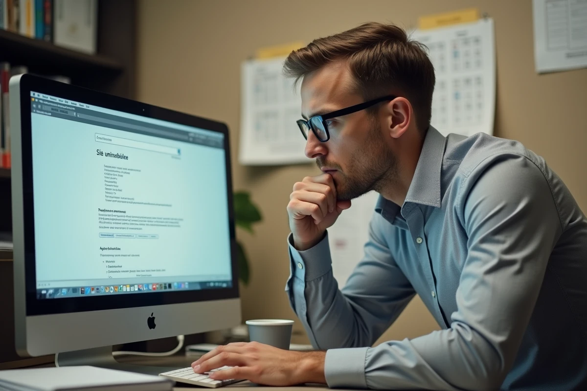 Fonctionnaire cherchant une solution face à la panne du service Melanie dans un bureau administratif