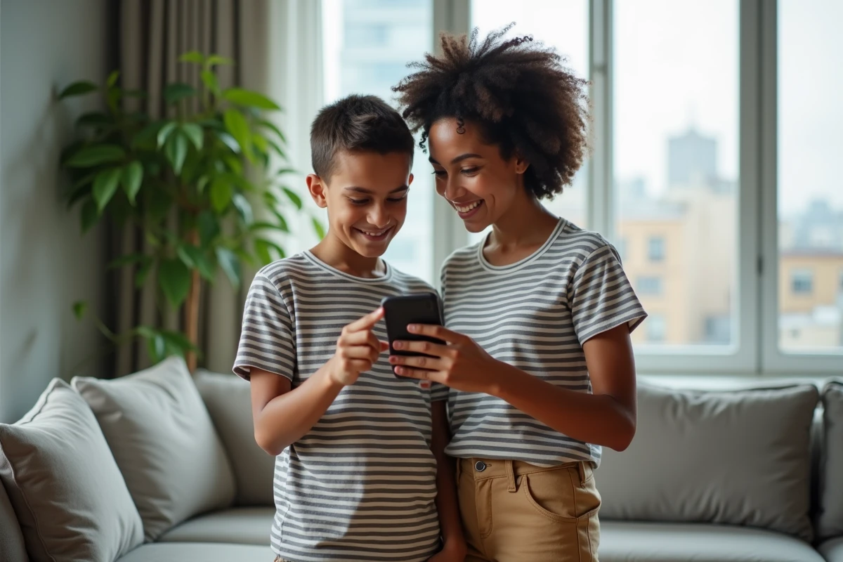 Garçon de 16 ans avec sa mère regardant un smartphone ensemble