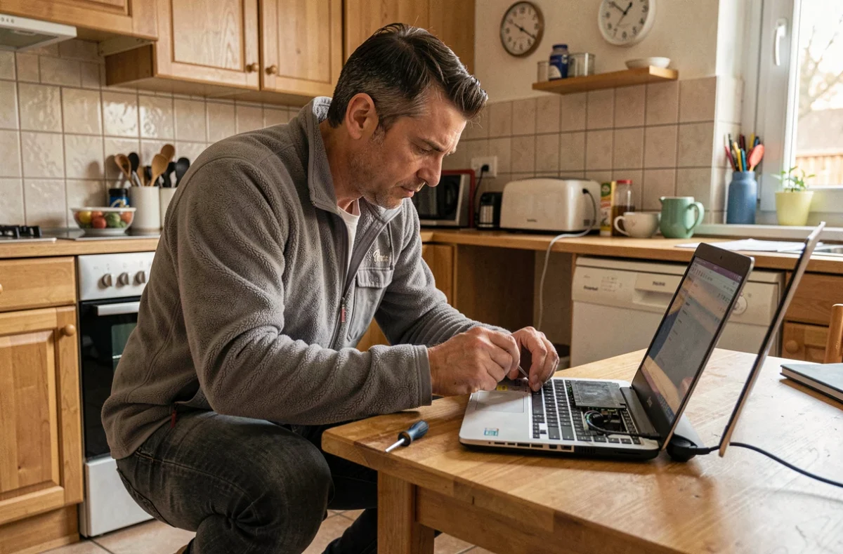 Grégory, technicien informatique indépendant, réparant un ordinateur portable chez un particulier dans un appartement d'Amiens