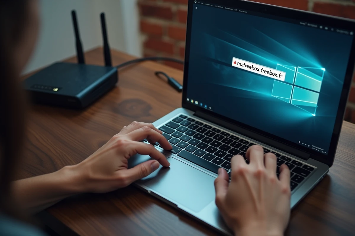Gros plan de mains tapant l'adresse mafreebox.freebox.fr dans un navigateur avec un message d'erreur de connexion