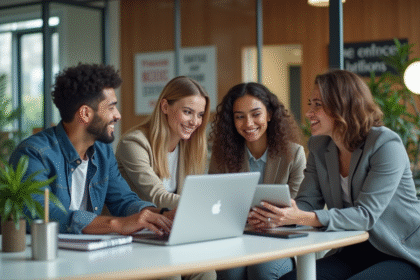 Groupe de jeunes professionnels en réunion dans un bureau moderne