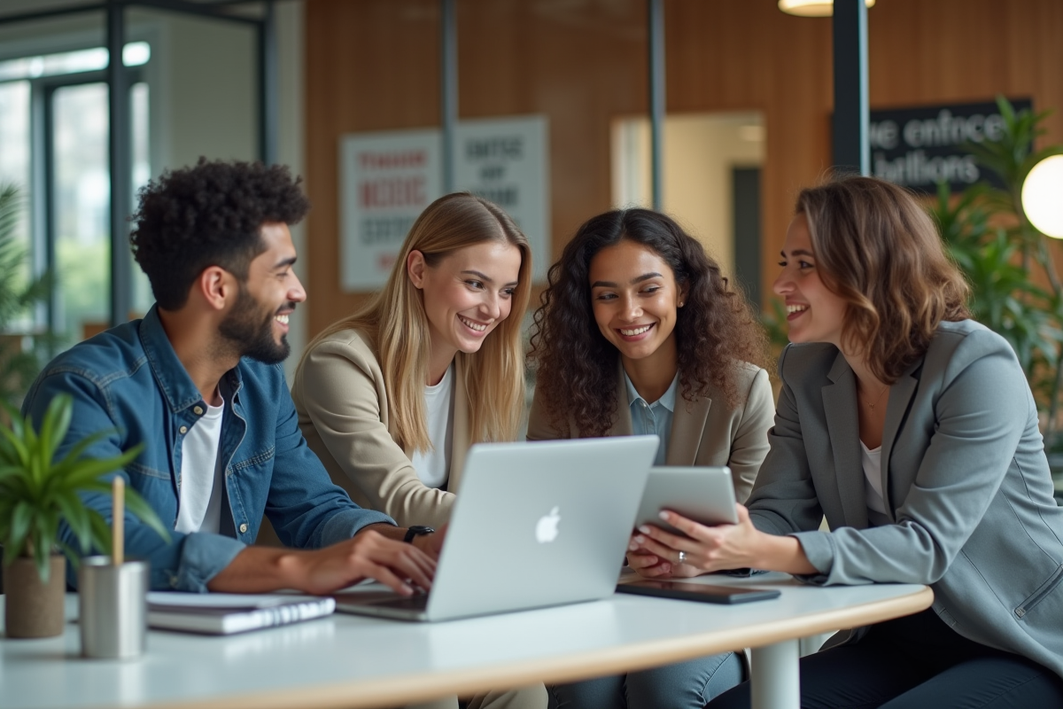 Groupe de jeunes professionnels en réunion dans un bureau moderne