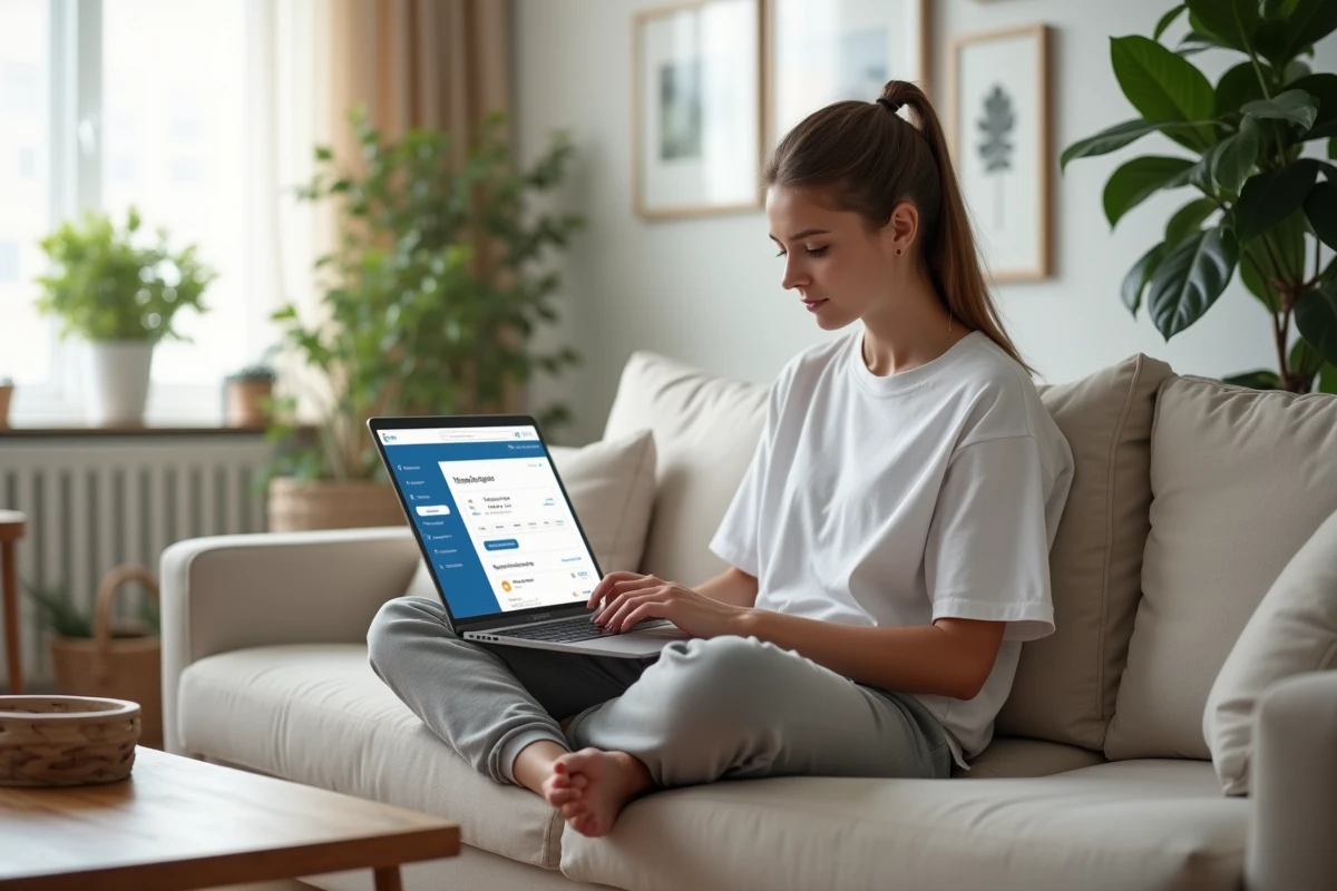 Jeune femme vérifiant son historique de transactions Valorant sur un laptop depuis son salon