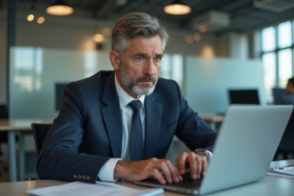 Homme d'affaires inquiet au bureau avec ordinateur