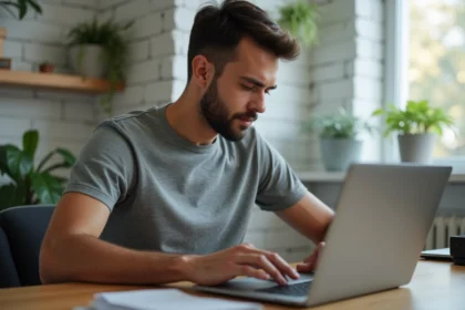 Homme assis à son bureau examinant le clavier de son ordinateur portable pour modifier les paramètres utilisateur Windows