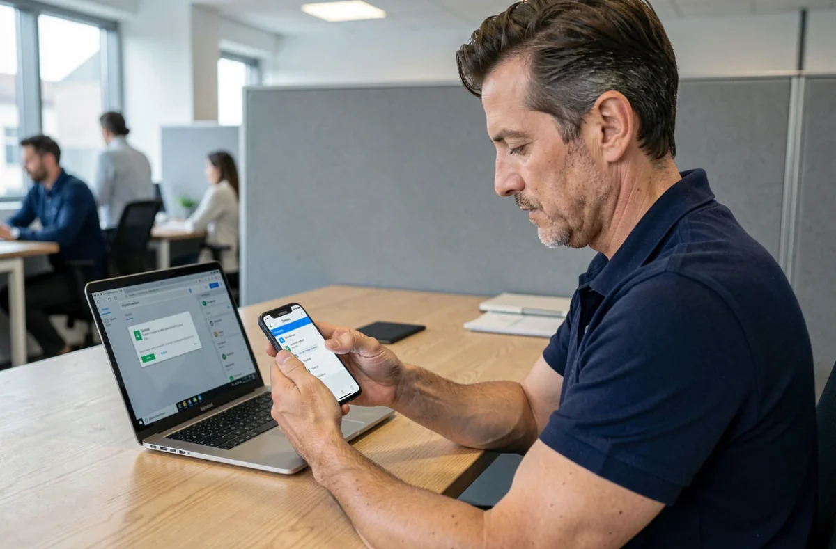 Homme au bureau vidant la corbeille de son téléphone Samsung pour libérer de l'espace de stockage