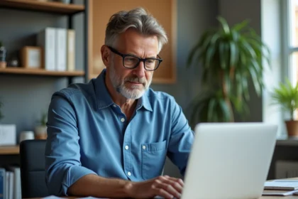 Homme d'âge moyen travaillant sur son ordinateur dans un bureau lumineux