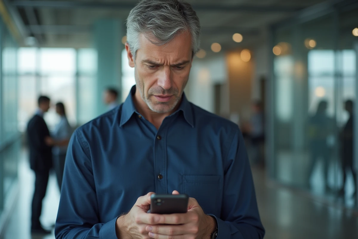 Homme en bureau moderne regardant avec perplexité un avertissement de lien masqué sur son smartphone