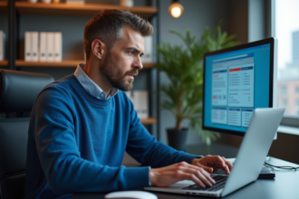 Homme d'âge moyen au bureau avec ordinateur et logiciel antivirus