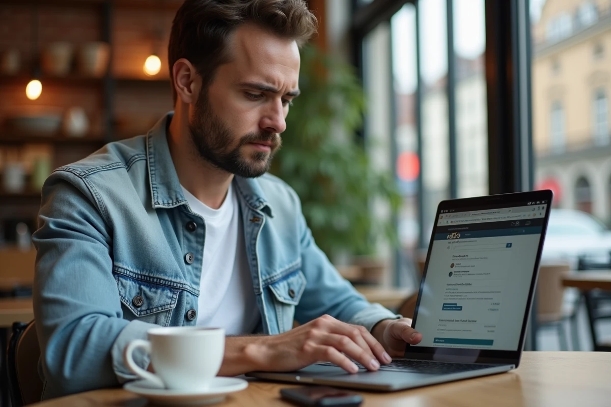 Homme en café à Grenoble consultant un webmail lent sur ordinateur portable avec plusieurs onglets ouverts