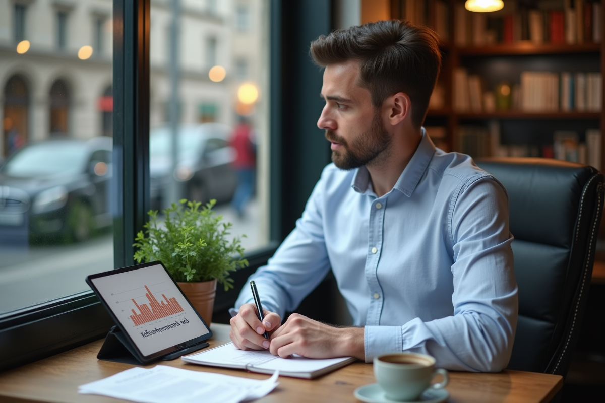 Homme au café analysant un graphique sur une tablette