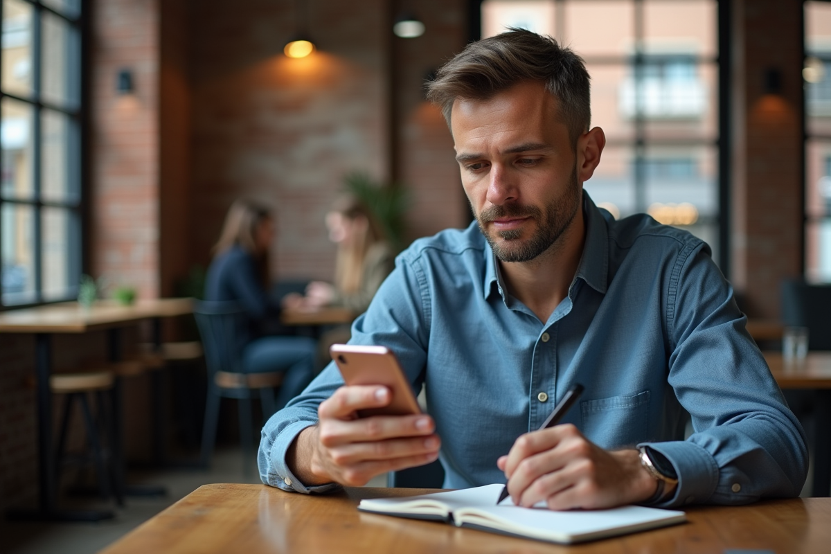 Homme d age moyen prenant des notes dans un café animé
