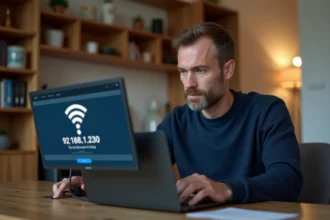 Homme en sweater bleu configure un routeur WiFi à la maison