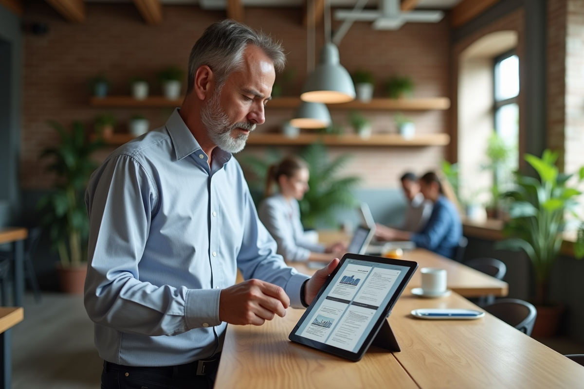 Homme d affaires consulte une tablette dans un espace coworking lumineux