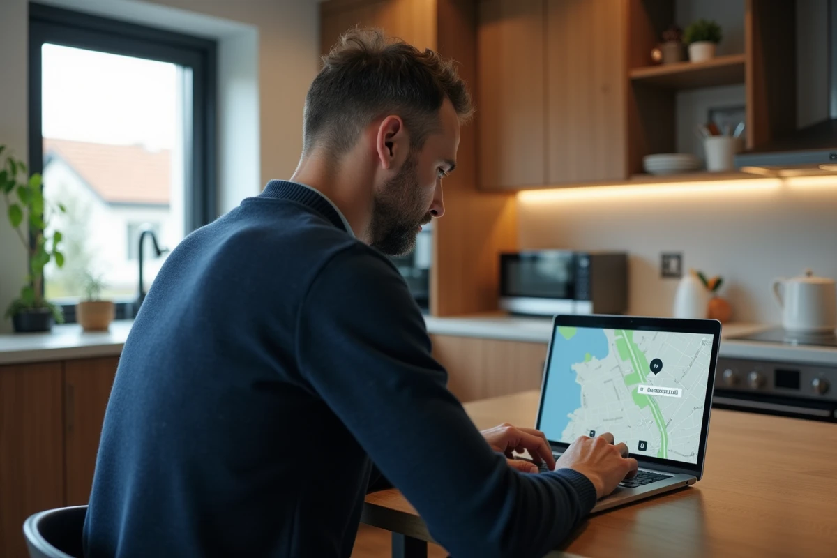Homme concentré sur une carte sur son ordinateur dans la cuisine