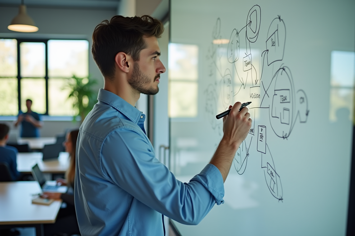 Jeune homme dessinant un diagramme sur tableau blanc