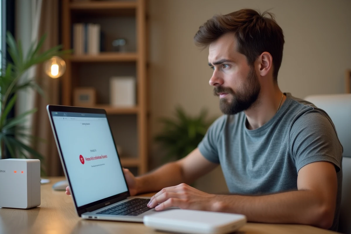 Homme perplexe devant un écran d'erreur de navigateur lors de la première connexion Freebox à domicile