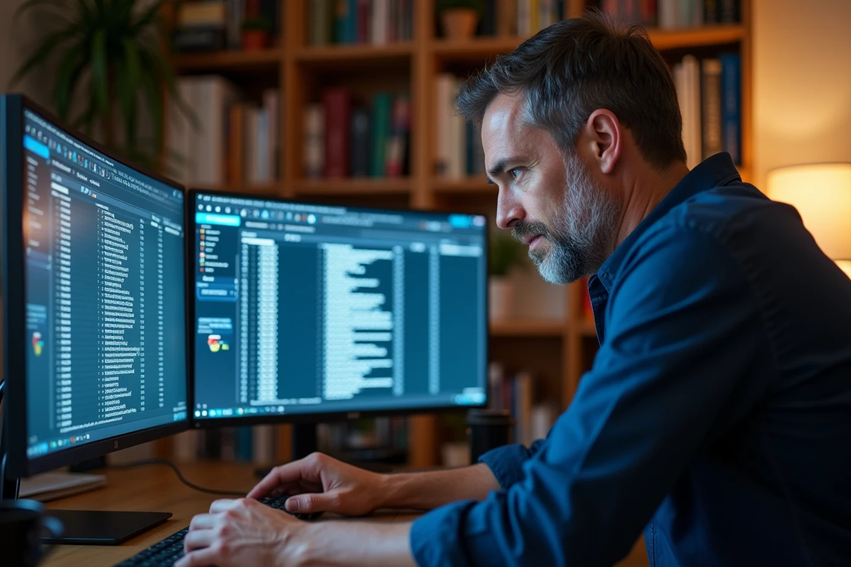 Homme analysant des formules de calcul de pourcentages sur Excel avec deux écrans dans un bureau à domicile
