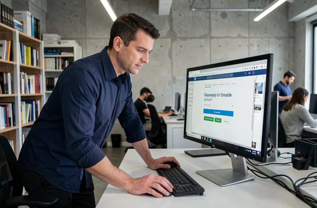 Homme consultant un générateur d'adresse email temporaire sur son écran dans un bureau en open space