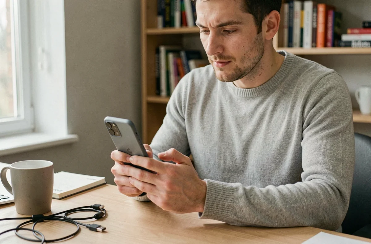 Homme utilisant un Google Pixel 8 Pro à son bureau pour optimiser les paramètres de batterie