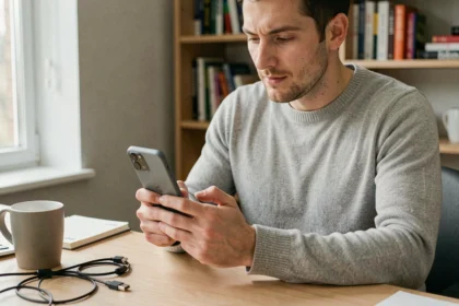 Homme utilisant un Google Pixel 8 Pro à son bureau pour optimiser les paramètres de batterie
