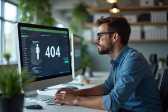 Homme concentré devant un écran affichant une erreur 404 dans un bureau moderne