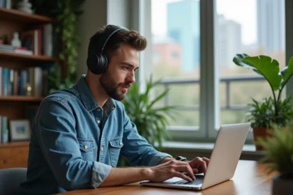 Homme avec casque et ordinateur dans un appartement moderne
