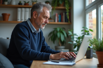 Homme concentré tapant un mot de passe sur son ordinateur