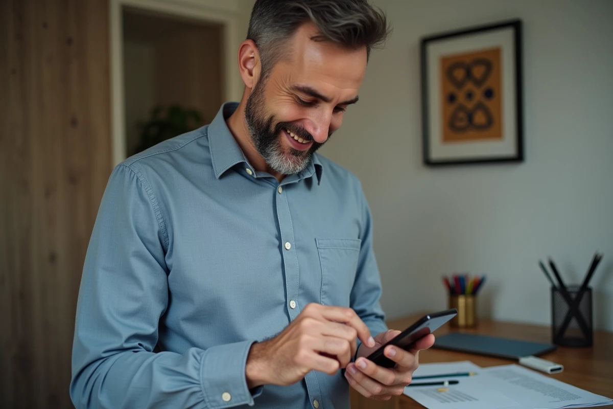 Homme en home office effectuant un paiement avec son smartphone