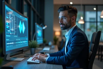 Homme professionnel étudiant devant un écran de quantum computing