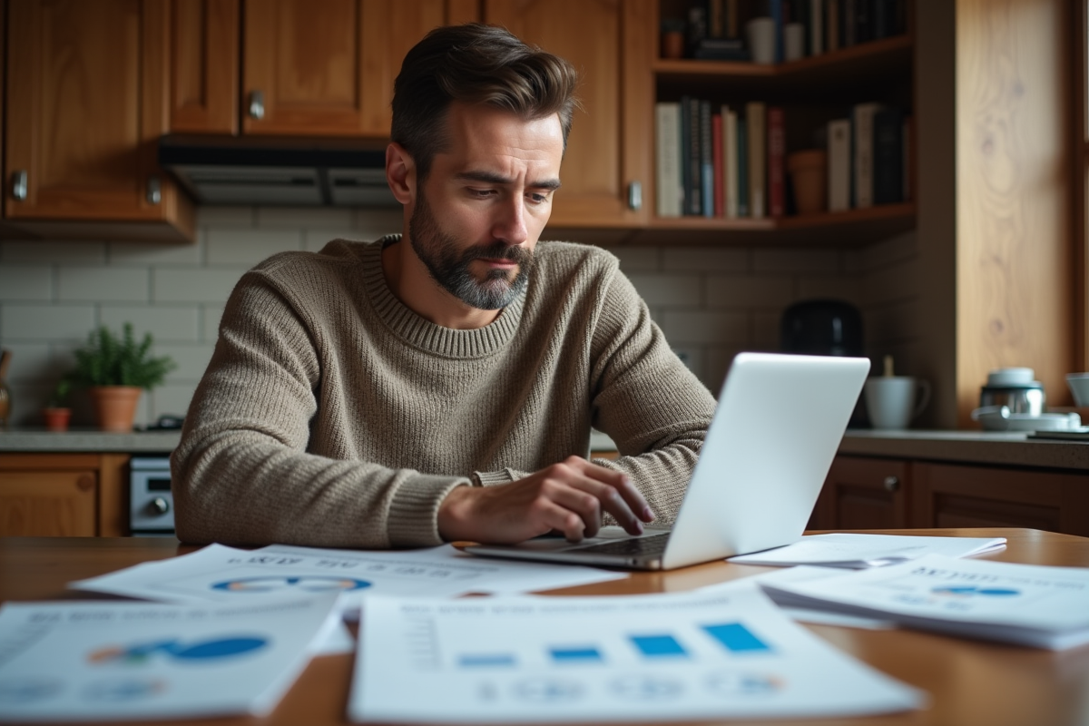Homme lisant des rapports SEO à la maison dans la cuisine