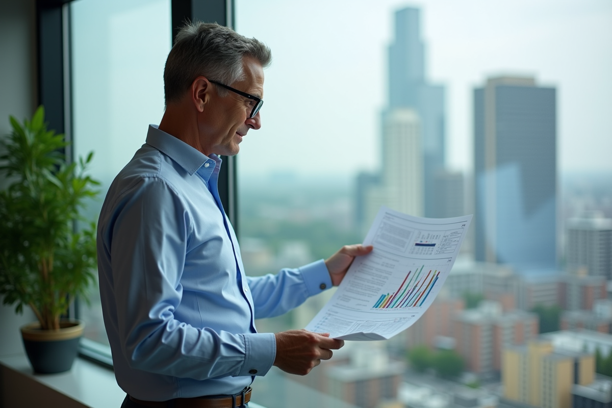Homme d age regardant un graphique Excel dans un bureau