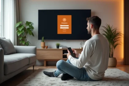 Homme assis sur le tapis regardant la TV connectée