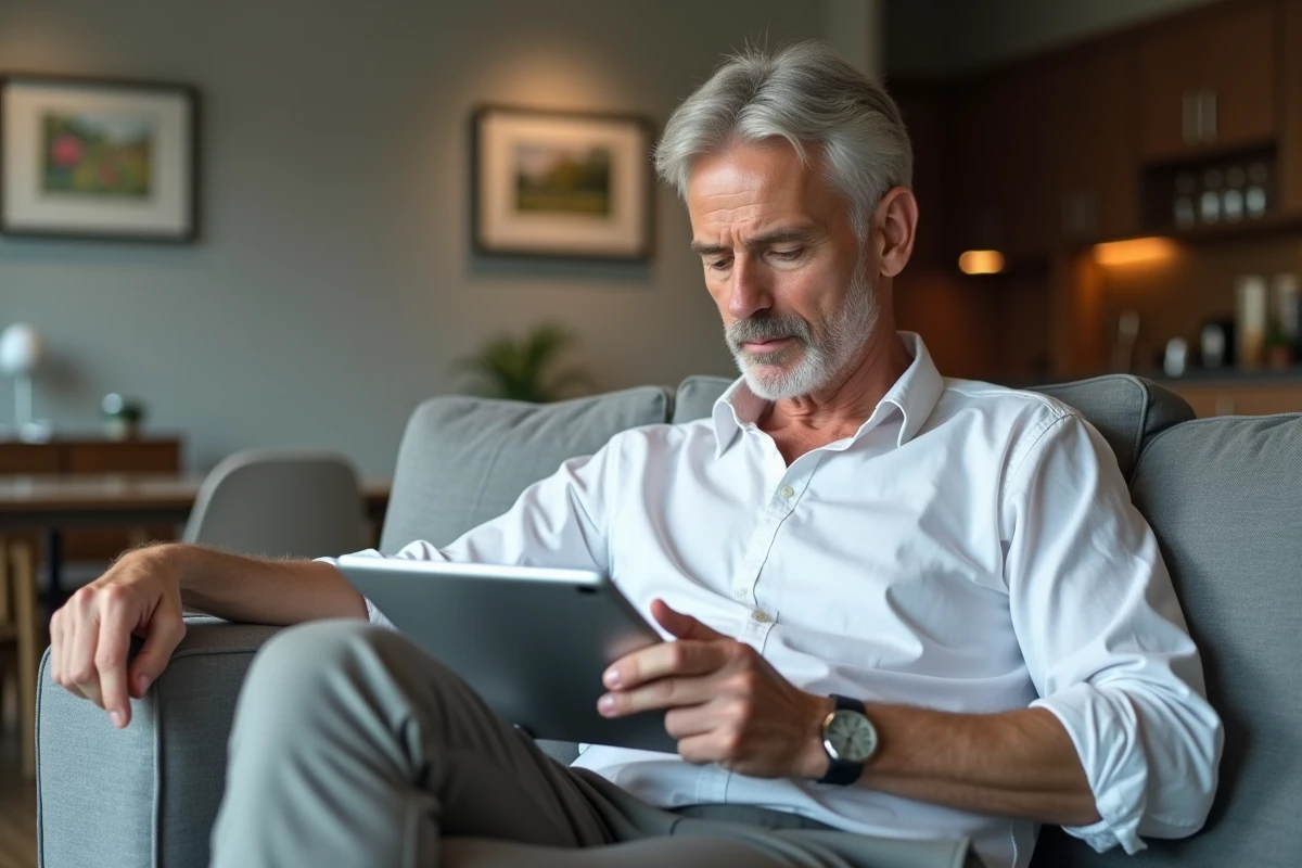Homme âgé utilisant une tablette dans un salon