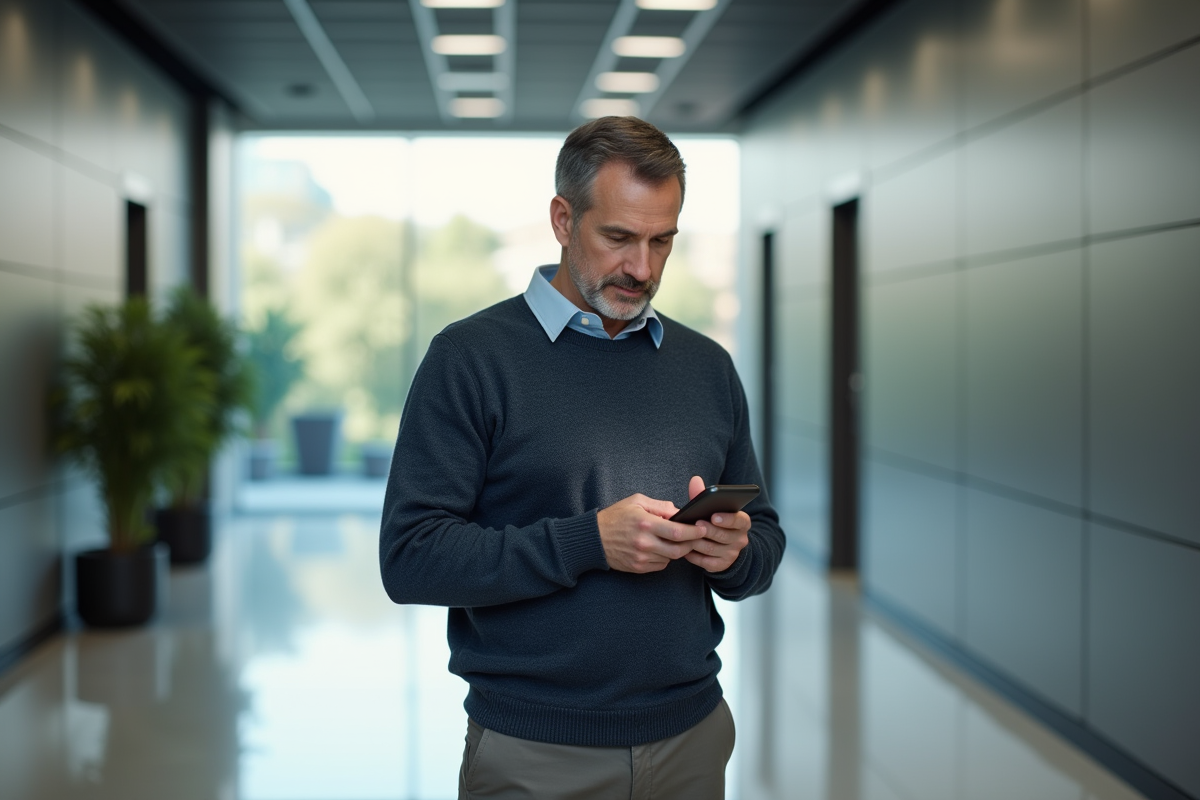 Homme d age moyen vérifiant notifications sur smartphone