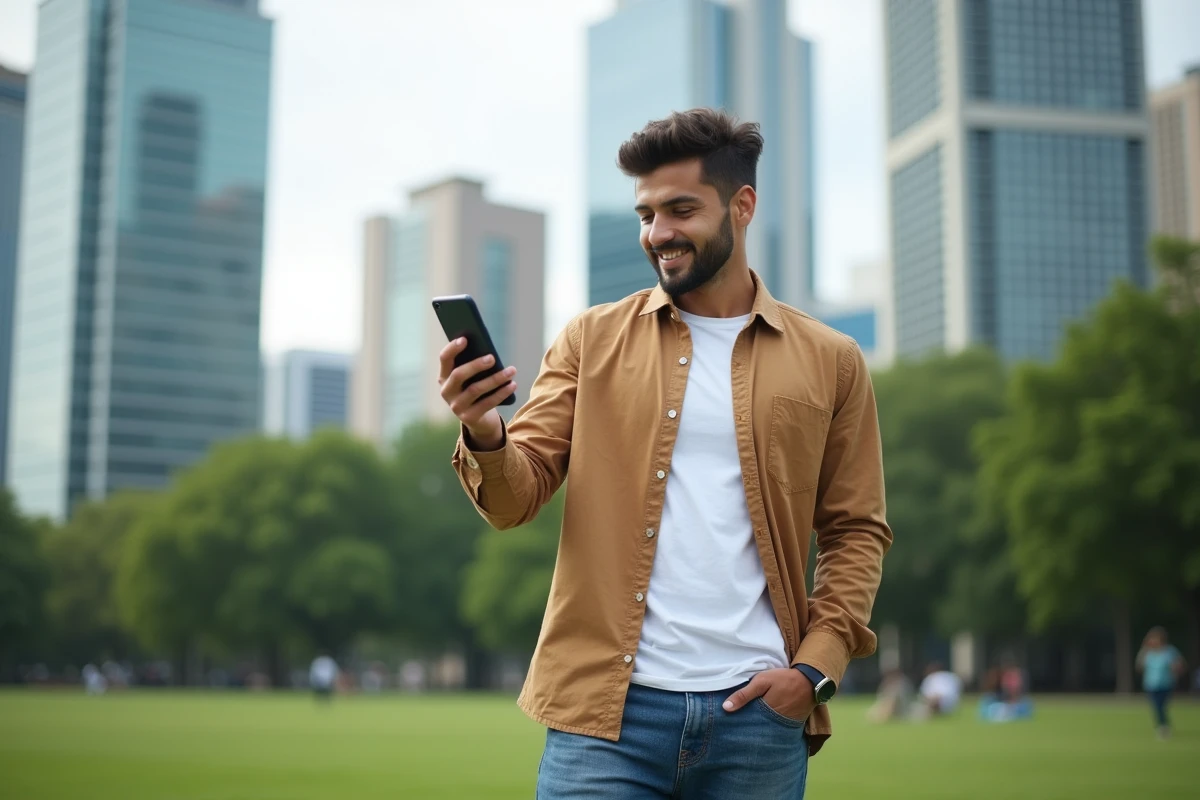 Jeune homme dans un parc urbain utilisant son smartphone