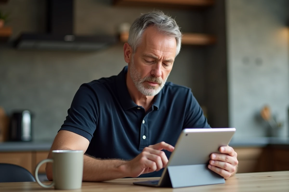 Homme utilisant une tablette Samsung pour localiser la corbeille dans le gestionnaire de fichiers