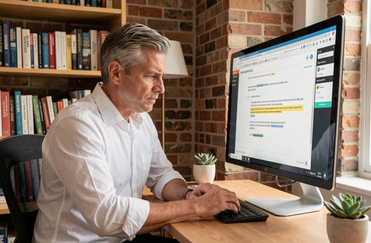 Homme en télétravail corrigeant un email professionnel grâce à une extension de vérification orthographique sur grand écran