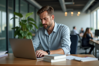 Homme concentré travaillant sur son ordinateur dans un bureau moderne