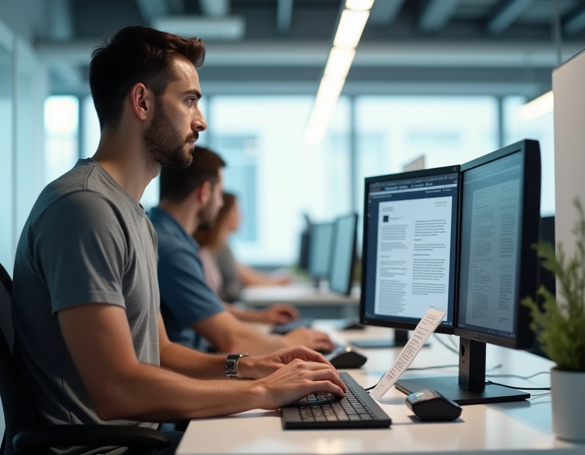 Homme vérifiant un document numérisé sur un écran d'ordinateur dans un bureau professionnel avec scanner USB sur le bureau
