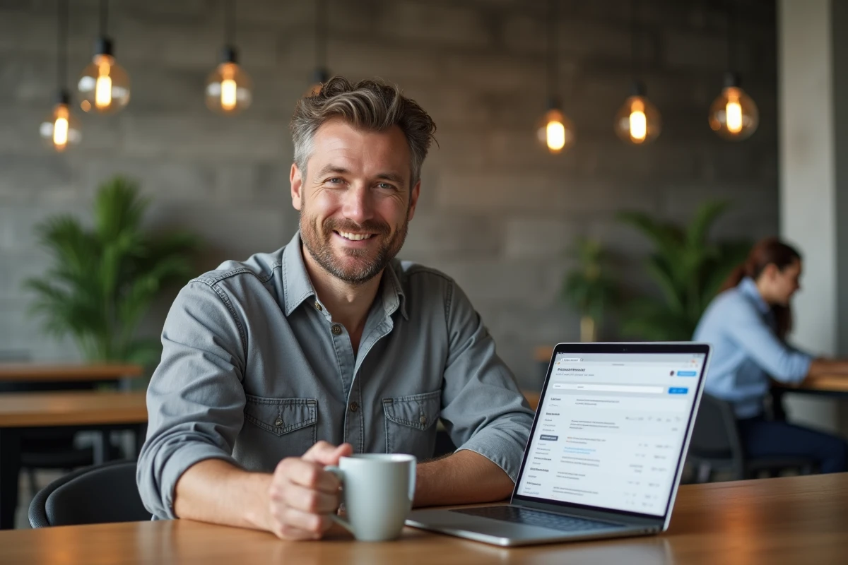 Homme utilisant un webmail professionnel institutionnel sur un ordinateur portable dans un espace de coworking moderne