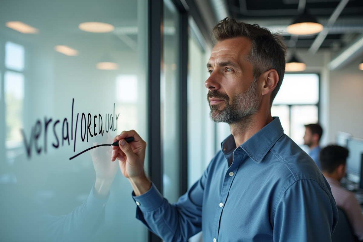 Homme écrivant une adresse sur un tableau blanc dans un bureau