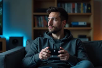Homme jouant sur Xbox avec manette noire, entouré de jeux de plusieurs générations de consoles