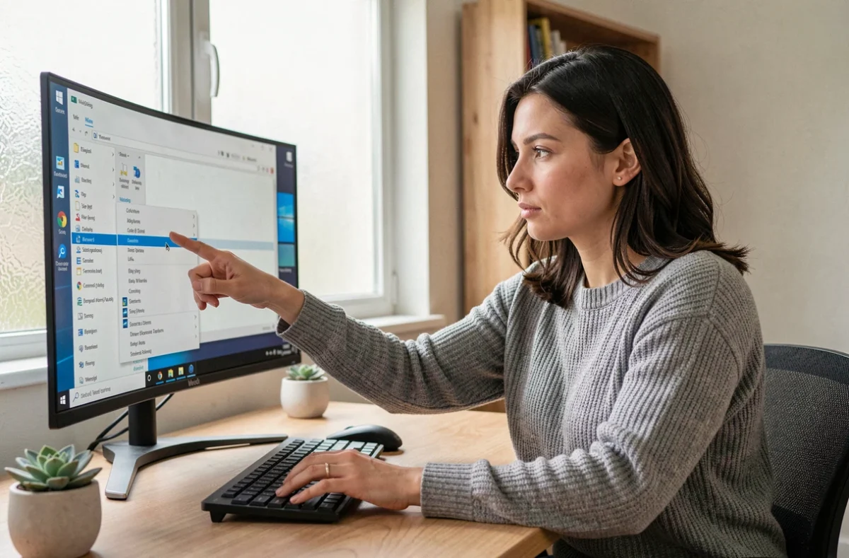 Femme utilisant le menu contextuel du bureau Windows pour remettre une icône après une mise à jour