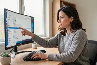 Femme utilisant le menu contextuel du bureau Windows pour remettre une icône après une mise à jour