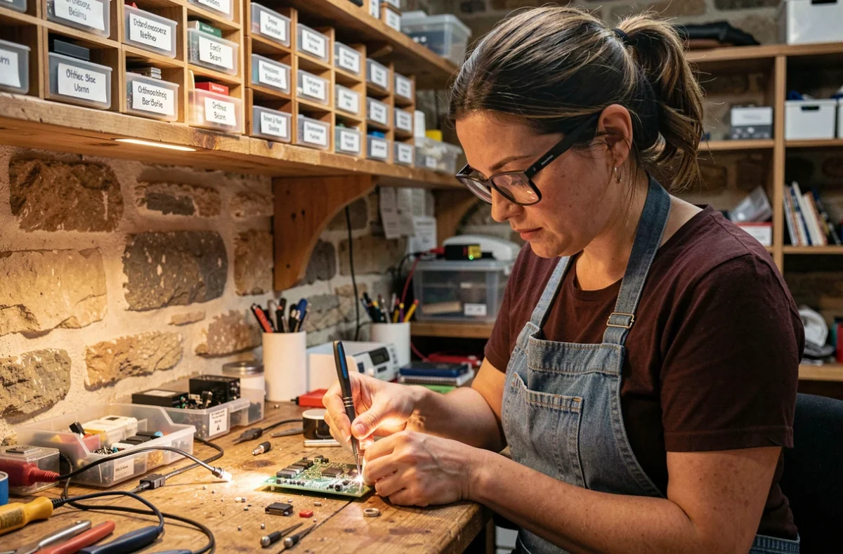 Technicienne d'iFixit Orthez soudant un composant sur une carte mère dans un atelier indépendant aux murs en pierre du Béarn