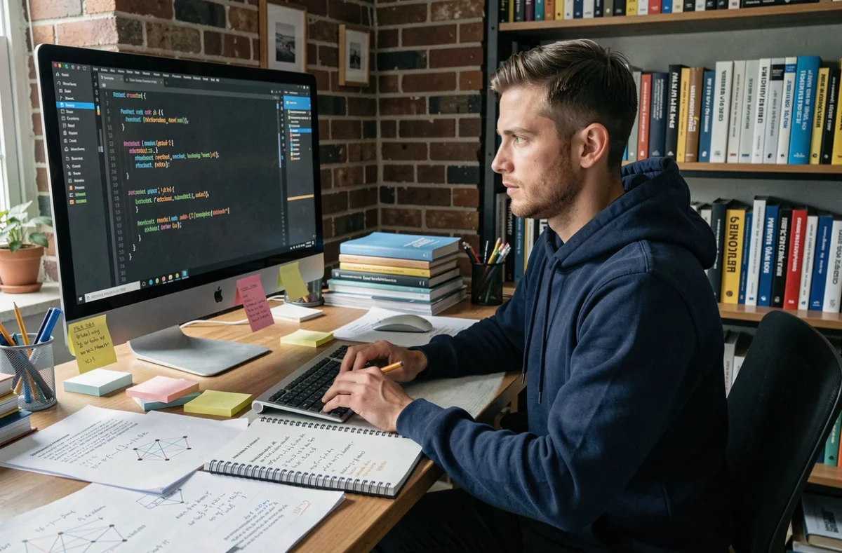 Ingénieur en apprentissage automatique annoté des articles de recherche sur ResNet dans un bureau moderne avec du code Python visible à l'écran