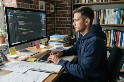 Ingénieur en apprentissage automatique annoté des articles de recherche sur ResNet dans un bureau moderne avec du code Python visible à l'écran