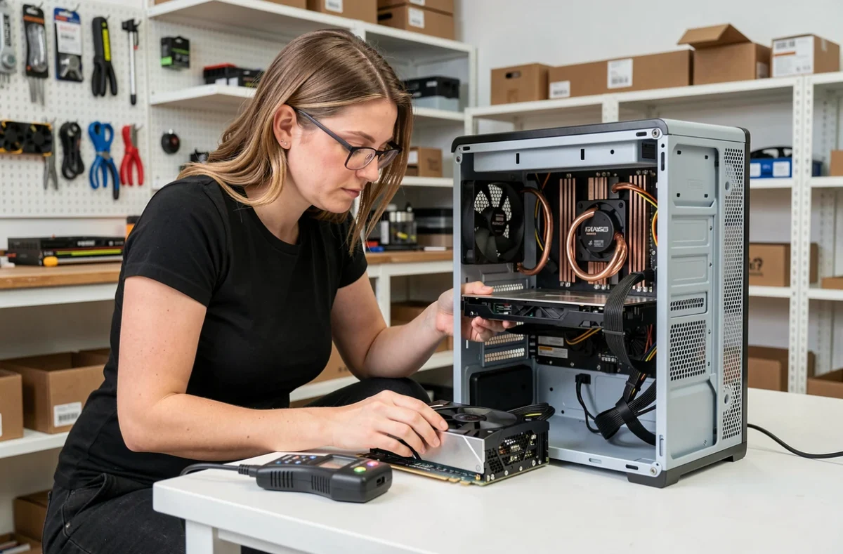 Femme technicienne inspectant les composants d'un PC gamer ouvert avec mesureur de consommation électrique, choix de configuration adaptée