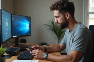 Homme installant un périphérique USB sur un ordinateur de bureau sans CD, avec écran affichant l'installation de drivers
